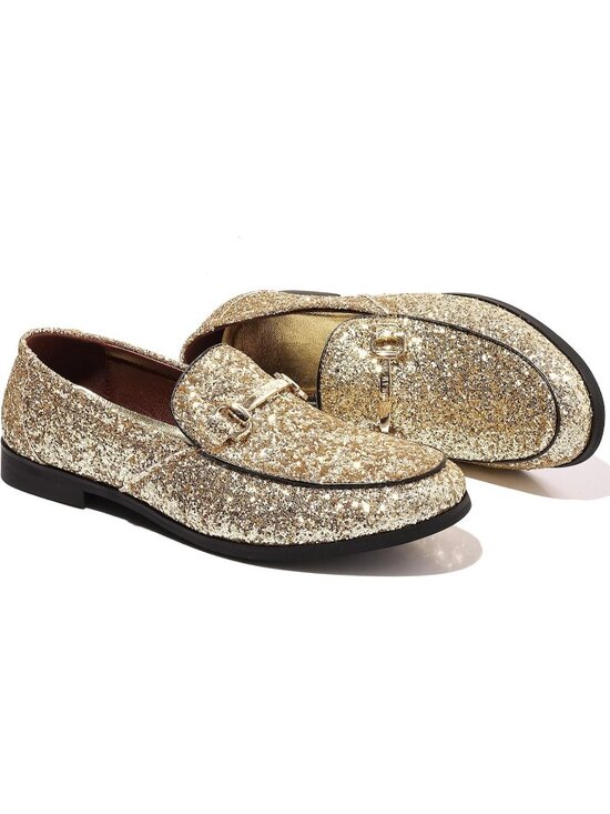 Men\'s Gold Rubber Sole Glitter Sequins Loafers Tuxedo Gold Buckle Luxury Shoes main image 4